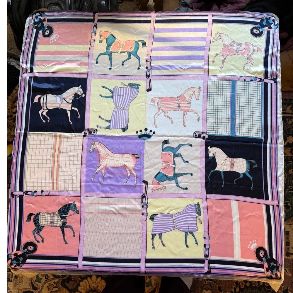 Equestrian Horse Print Square Scarf Pink Purple Navy Silky Satin 35in Wrap